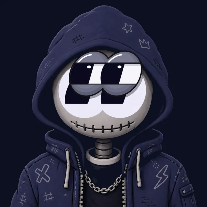 A Blinky in a stitched hood with a skull grin